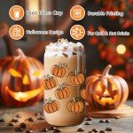 LEADO Fall Pumpkin Cup, Halloween Iced Coffee Tumbler, 16 oz Aesthetic Cute Glass Cups with Lids and Straws, Thanksgiving Tumbler Mug - Fall Gifts, Halloween Boo Basket Gifts for Women, Adults