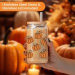 LEADO Fall Pumpkin Cup, Halloween Iced Coffee Tumbler, 16 oz Aesthetic Cute Glass Cups with Lids and Straws, Thanksgiving Tumbler Mug - Fall Gifts, Halloween Boo Basket Gifts for Women, Adults