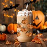 LEADO Fall Pumpkin Cup, Halloween Iced Coffee Tumbler, 16 oz Aesthetic Cute Glass Cups with Lids and Straws, Thanksgiving Tumbler Mug - Fall Gifts, Halloween Boo Basket Gifts for Women, Adults