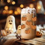 LEADO Fall Pumpkin Cup, Halloween Iced Coffee Tumbler, 16 oz Aesthetic Cute Glass Cups with Lids and Straws, Thanksgiving Tumbler Mug - Fall Gifts, Halloween Boo Basket Gifts for Women, Adults