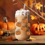 LEADO Fall Pumpkin Cup, Halloween Iced Coffee Tumbler, 16 oz Aesthetic Cute Glass Cups with Lids and Straws, Thanksgiving Tumbler Mug - Fall Gifts, Halloween Boo Basket Gifts for Women, Adults