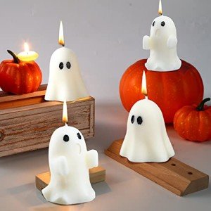 Minatee 4 Pieces Large Halloween Ghost Candles Ghost Spooky Decor Burning White Scented Wax Candles Gifts for Boo Basket Stuffers Halloween Room Table Indoor Decorations, 2 Style