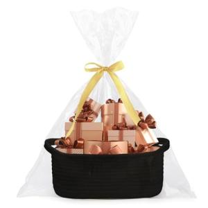 Poschnor Gift Basket Empty with Gift Bags and Ribbons, 12"X 8" X 5" Small Woven Rope Basket, Toy Basket for Baby and Pet, Black