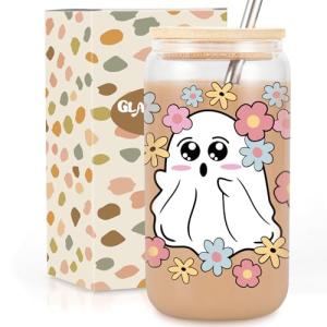 GSPY Halloween Ghost Iced Coffee Cups - 16 oz Tumbler with Lid and Straw - Halloween Gifts for Women - Funny Boo Basket Stuffers - Cute Glass Cup - Spooky Ghost Mug for Women, Girls, Adults