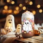 GSPY Halloween Ghost Iced Coffee Cups - 16 oz Tumbler with Lid and Straw - Halloween Gifts for Women - Funny Boo Basket Stuffers - Cute Glass Cup - Spooky Ghost Mug for Women, Girls, Adults