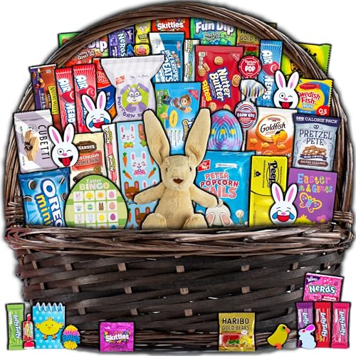 Filled Brown Easter Basket with Bunny and Treats
