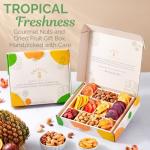 Dried Fruit Gift Baskets for Women – 10 Gourmet Tropical Assortment Box | Soft Dry Fruit Basket Gift – Fresh Fruits and Nuts Food Gifts - Birthday Gifts for Women - Includes Reusable Wood Tray