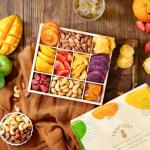 Dried Fruit Gift Baskets for Women – 10 Gourmet Tropical Assortment Box | Soft Dry Fruit Basket Gift – Fresh Fruits and Nuts Food Gifts - Birthday Gifts for Women - Includes Reusable Wood Tray
