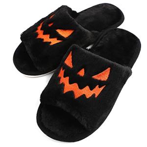 TITTOK Spooky Slides Halloween Slippers Jack O Lantern Pumpkin Soft Plush Cozy Open Toe Indoor Outdoor Fuzzy Slippers Gifts For Girls Women Girlfriend Men