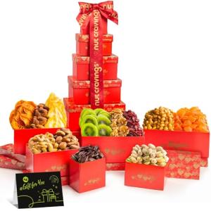 NUT CRAVINGS - Rakhi for Brother Dried Fruit & Mixed Nuts Gift Basket Red Tower + Heart Ribbon (12 Assortments) Food Arrangement, Healthy Snack Care Package, Kosher