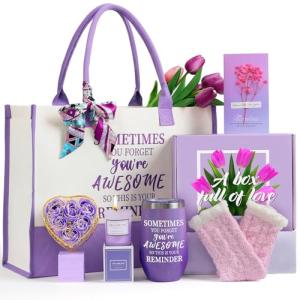 Gifts Baskets for Women, Birthday Baskets Mom, Sister, Her, Employee, Wife, Thanksgiving Day, Christmas Gifts for Women, Care Package, Gift Sets with Canvas Tote Bag Sock Tumbler Soap Flower