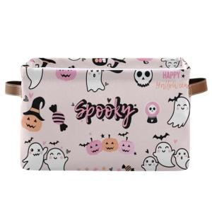 Sletend Foldable Canvas Storage Basket with Handles Halloween Cartoon Ghost Durable Storage Bin Organizer for Nursery Kids Shelves Desks Printed Canvas Storage Basket