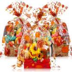 Cholemy 30 Pcs Thanksgiving Gift Basket Bags 19.7" x 27.6" Jumbo Fall Plastic Wrap Bags with Twist Ties for Thanksgiving Day Present Crafts Party Favors