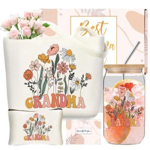 DHQH Grandma Birthday Gifts for Women, Best Grandma Christmas Gifts form Granddaughter Grandson, Thanksgiving Gift Basket with 16 Oz Glass Cup, Canvas Tote Bag