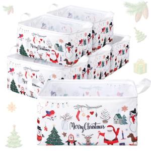 Maxcheck 6 Pcs Large Christmas Santa Storage Basket Foldable Christmas Gift Basket Rectangle Xmas Present Storage Boxes Bin Fabric Laundry Storage Organizer with Handles for Cloth Toy