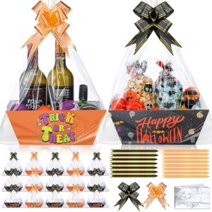 Yeaqee 36 Pcs 12 Pack Halloween Basket for Gifts with Bows Ribbons Bulk Treat Basket Orange Black Gift Baskets for Halloween Treat Party Favors