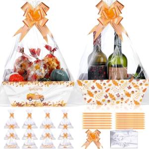Yeaqee 12 set 10" x 8" x 4.5" Thanksgiving Gift Baskets Bulk 12 Empty Baskets with 15 Pull Bows 15 Bags Pumpkin Fall Leave Basket Autumn Harvest Themed Gift Box for Fall Autumn Party Favors