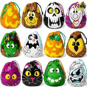 JOYIN 72PCS Halloween Drawstring Goody Bags, Halloween Treats Bags, Trick or Treat Bag, Goodie Candy Gift Bag Bulk for Kids Trick or Treating, Party Favors Supplies, 12 Designs Classroom Gifts Prizes
