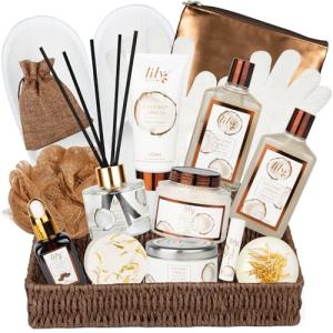 Bath and Body Gift Basket Set for Women - Coconut Vanilla Spa Gift Basket for Women 17-Piece Luxury Bath Gift Set with Shower Gel Self Care Pampering Gifts for Mothers Day, Christmas, Birthday Gifts