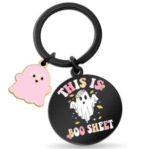 Spooky Basket Stuffers Halloween Gifts for Women Halloween Decor Accessories Merch for Girls Kids Funny Gag Gift Pink Girly Cool Stuff This Is Boo Sht Ghost Keychain for Daughter Sister Girlfriend