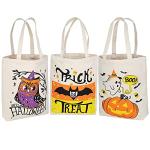 JOYIN 3PCS 13.75” Large Halloween Tote Treat Bags for Trick or Treating, Halloween Goodie Candy Bags, Reusable White Canvas Gift Bag for Kids Party Favor Supplies, Snack Grocery Tote with Handles