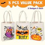 JOYIN 3PCS 13.75” Large Halloween Tote Treat Bags for Trick or Treating, Halloween Goodie Candy Bags, Reusable White Canvas Gift Bag for Kids Party Favor Supplies, Snack Grocery Tote with Handles