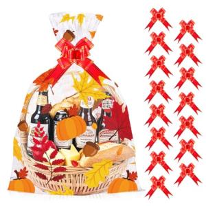 Fall Thanksgiving Gift Bags for Basket, 20x28 Inch Large Clear Basket Bags, 15 PCS Pumpkin Maple Leaf Cellophane Wrap with 15 PCS Pull Bows, Plastic Cellophane Bags for Fall Thanksgiving Gift Wrapping