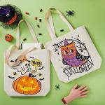JOYIN 3PCS 13.75” Large Halloween Tote Treat Bags for Trick or Treating, Halloween Goodie Candy Bags, Reusable White Canvas Gift Bag for Kids Party Favor Supplies, Snack Grocery Tote with Handles
