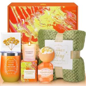 Get Well Gifts for Women, Self Care Gifts for Women, Orange Relaxing Spa Basket with Luxury Flannel Blanket, Unique Feel Better Thanksgiving Gifts for Mom Her Sister Wife Girlfriend Grandma