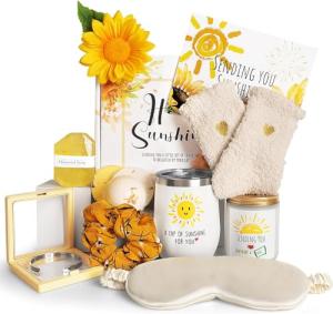 Birthday Gifts for Women, Sending Sunshine Christmas Gifts, Get Well Soon Gifts Basket Care Package Unique Spa Gifts Box with Wine Glasses for Thinking of You Her Sister Best Friend