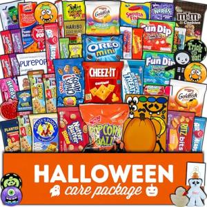 Halloween Candy Care Package Gift (50ct) Snacks Box Basket Candies Kids Children Adults Cookies Food Variety Pack Bundle Mixed Bulk Sampler Girls Boys Guys Men Women Boyfriend Girlfriend College Student