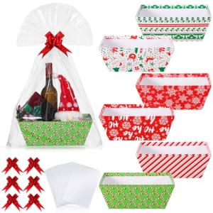Cholemy 12 Pack 12 x 10 x 4 Inch Christmas Gift Baskets Empty Kit Include 12 Cardboard Gifts Baskets with Handles, 12 Wrap Bags, 12 Pull Bows for Christmas Weddings Anniversaries (Classic Style)