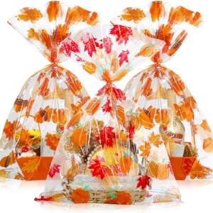 Cholemy 30 Pcs Fall Large Cellophane Gift Basket Bags Bulk 19.7" x 27.6" Jumbo Thanksgiving Plastic Goodie Bags Autumn Pumpkin Maple Leaf Wrap Bags with Twist Ties for Present Crafts Party Favors