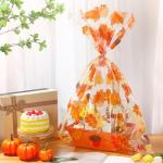 Cholemy 30 Pcs Fall Large Cellophane Gift Basket Bags Bulk 19.7" x 27.6" Jumbo Thanksgiving Plastic Goodie Bags Autumn Pumpkin Maple Leaf Wrap Bags with Twist Ties for Present Crafts Party Favors