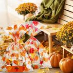 Cholemy 30 Pcs Fall Large Cellophane Gift Basket Bags Bulk 19.7" x 27.6" Jumbo Thanksgiving Plastic Goodie Bags Autumn Pumpkin Maple Leaf Wrap Bags with Twist Ties for Present Crafts Party Favors