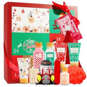 Christmas Advent Calendar 2024, 12 Days of Holiday Advent Calendar for Women, BODY & EARTH Spa Gift Baskets with Snowman Bath Bomb, Scented Candle, Christmas Hat, New Year Bath Set for Women