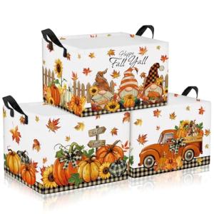 Boao 3 Pcs Fall Pumpkin Storage Basket Maple Leaf Autumn Thanksgiving Gift Basket Farm Harvest Cart Foldable Waterproof Box Organizer Bin with Handles for Nursery Book Shelf Closet Home(Gnome)