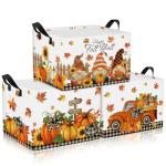 Boao 3 Pcs Fall Pumpkin Storage Basket Maple Leaf Autumn Thanksgiving Gift Basket Farm Harvest Cart Foldable Waterproof Box Organizer Bin with Handles for Nursery Book Shelf Closet Home(Gnome)