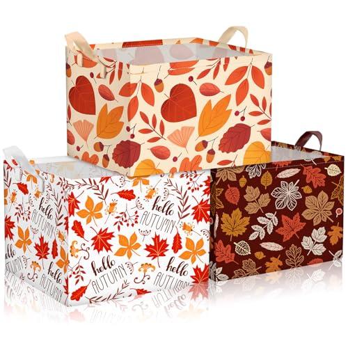 Geelin 3 Pcs Fall Storage Baskets for Gifts, Collapsible Waterproof Canvas Harvest Autumn Maple Leaf Storage Bin Organizer with Handles for Book Closet Shelf Nursery Thanksgiving Day Halloween Decor