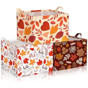 Geelin 3 Pcs Fall Storage Baskets for Gifts, Collapsible Waterproof Canvas Harvest Autumn Maple Leaf Storage Bin Organizer with Handles for Book Closet Shelf Nursery Thanksgiving Day Halloween Decor
