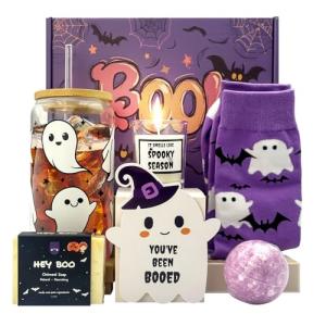 Boo Basket Stuffers for Women, Halloween Gifts for Women, Cute Halloween Boo Basket for Teens Girls Her Sister Friend Adults With Spooky Glass Cups