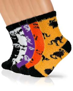TEHOOK 5 Pairs Halloween Fuzzy Socks for Boo Spooky Basket Stuffers, Soft Cozy Fluffy Warm Novelty Socks for Halloween Gifts