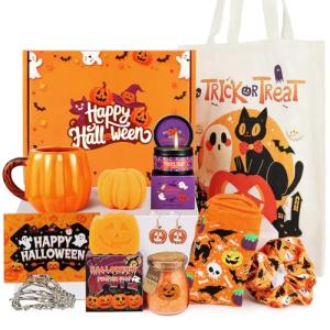 Halloween Gifts for Women - 11Pcs Halloween Gifts Basket, Boo Basket Stuffers for Teens Girls with Cute 14oz Pumpkin Mug & Spa Set, Festival Themed Gifts for Her, Mom, Sister, Friend