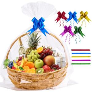Homrelaxy 20 Pcs 24 x 30 Inches Cellophane Bags for Gift Baskets with 20 Colorful Pull Bows, Plastic Clear Basket Bags, Cellophane Wrap for Gift Baskets for Birthday, Wedding, Thanksgiving