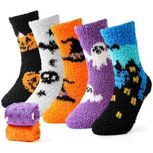 Moyel 5 Pairs Halloween Socks Kids 4-6 Years Funny Halloween Gifts for Boys Girls Fuzzy Pumpkin Bat Ghost Socks with Grips Boo Basket Stuffers for Kids Fun Party Favors Accessories
