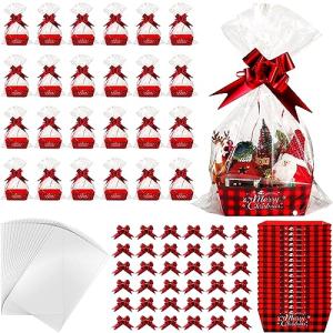 Cholemy 72 Pcs Christmas Gift Baskets Empty to Fill Kit DIY Basket for Gifts Empty Bulk 24 Tray Favor with Handles 24 Bows 24 Clear Basket Bags for Xmas Holiday Birthday (Buffalo Plaid)