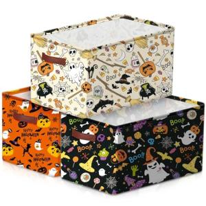 Boao 3 Pack Halloween Ghost Basket with Handles Collapsible Large Canvas Storage Baskets Boo Spooky Skull Pumpkin Cat Foldable Storage Box Organizer Bins for Trick or Treat Gifts Bedroom Home Office