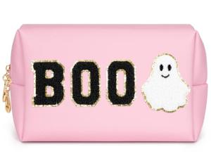 Dripkiaa Halloween Makeup Bag Chenille Patch Travel Cosmetic Bag Organizer Large Capacity Toiletry Bag Make Up Bags Cosmetic Pouch, Boo Basket Gifts for Women, Girls - Pink