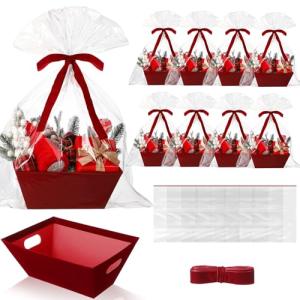 Kolldenn 24 Pcs Velvet Red Christmas Baskets for Gift Empty DIY Bulk 8" x 10" Gift Basket Kit with Handles 8 Velvet Basket 8 Bags and 8 Bows to Fill for Xmas Wedding Birthdays Party Wrapping