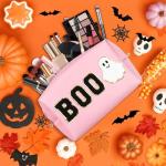 Dripkiaa Halloween Makeup Bag Chenille Patch Travel Cosmetic Bag Organizer Large Capacity Toiletry Bag Make Up Bags Cosmetic Pouch, Boo Basket Gifts for Women, Girls - Pink